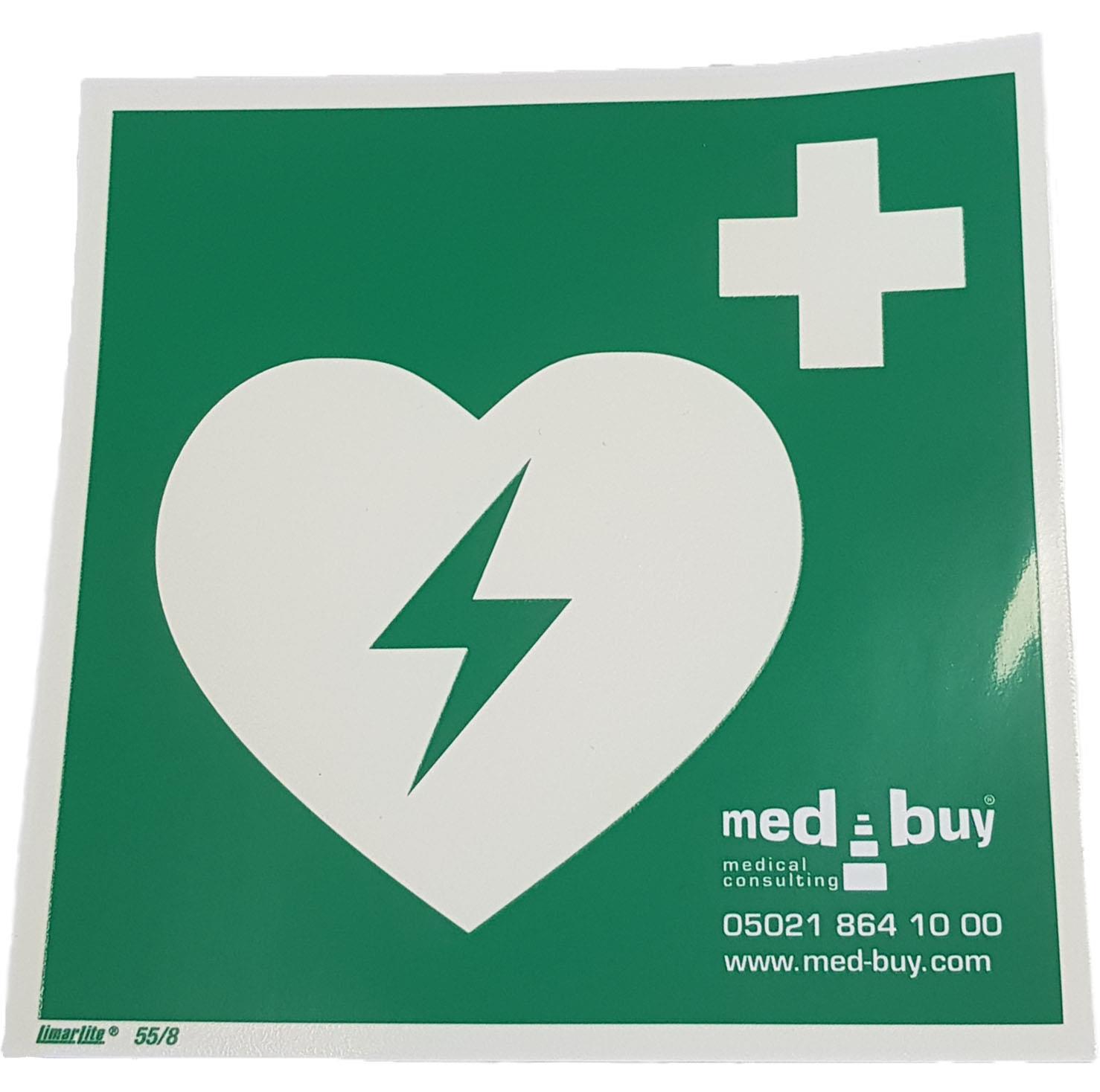 Hinweisschild Aufkleber AED, grün, 15 x 15 cm, medbuy-Aufdruck