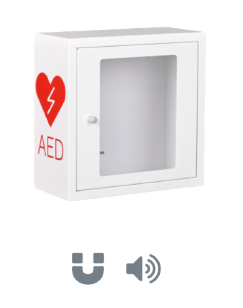 AED-Wandkasten, Metall, mit Alarmfunktion, weiß/rot