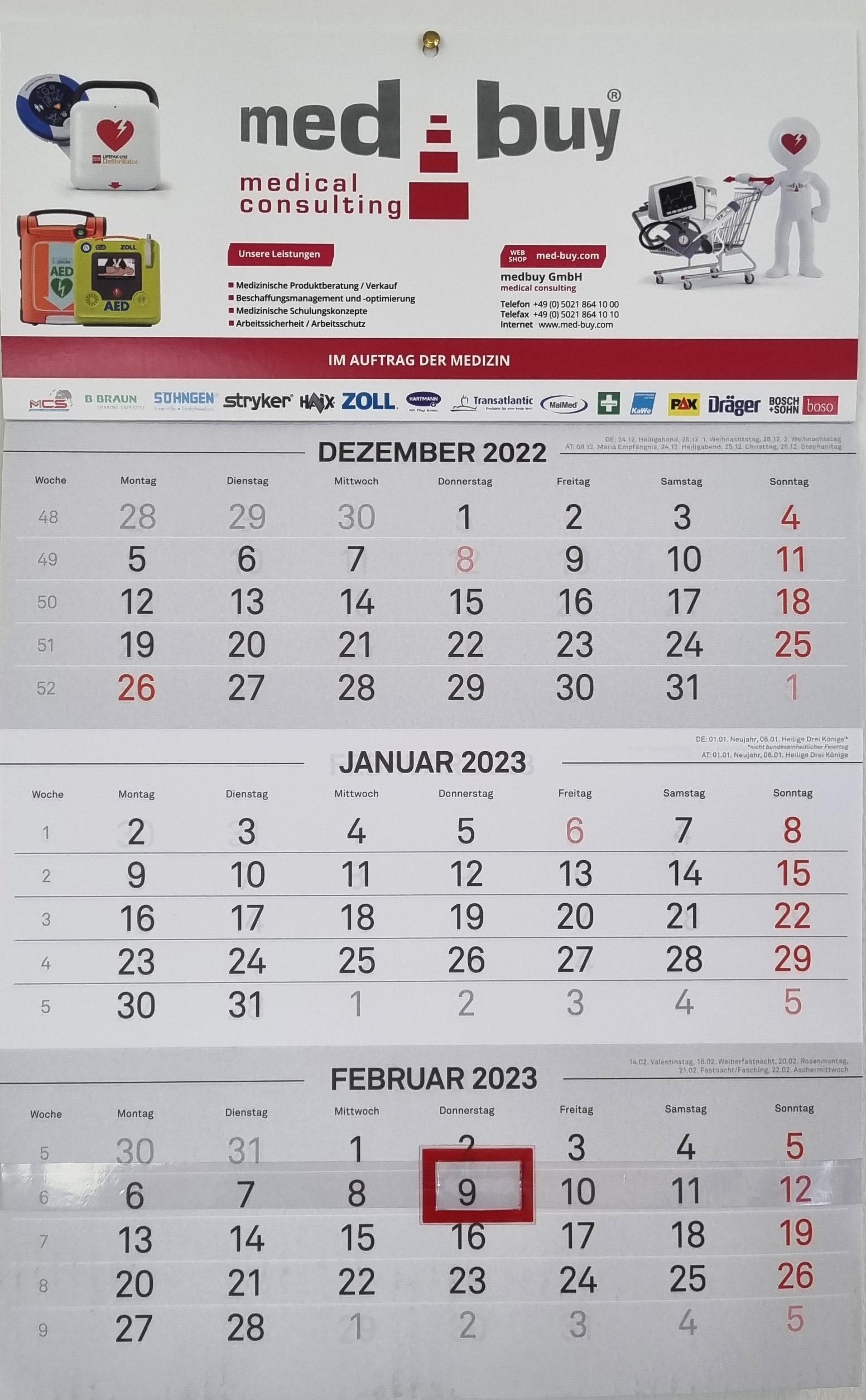 3-Monats-Wandkalender 2023 medbuy, Einblatt-Variante