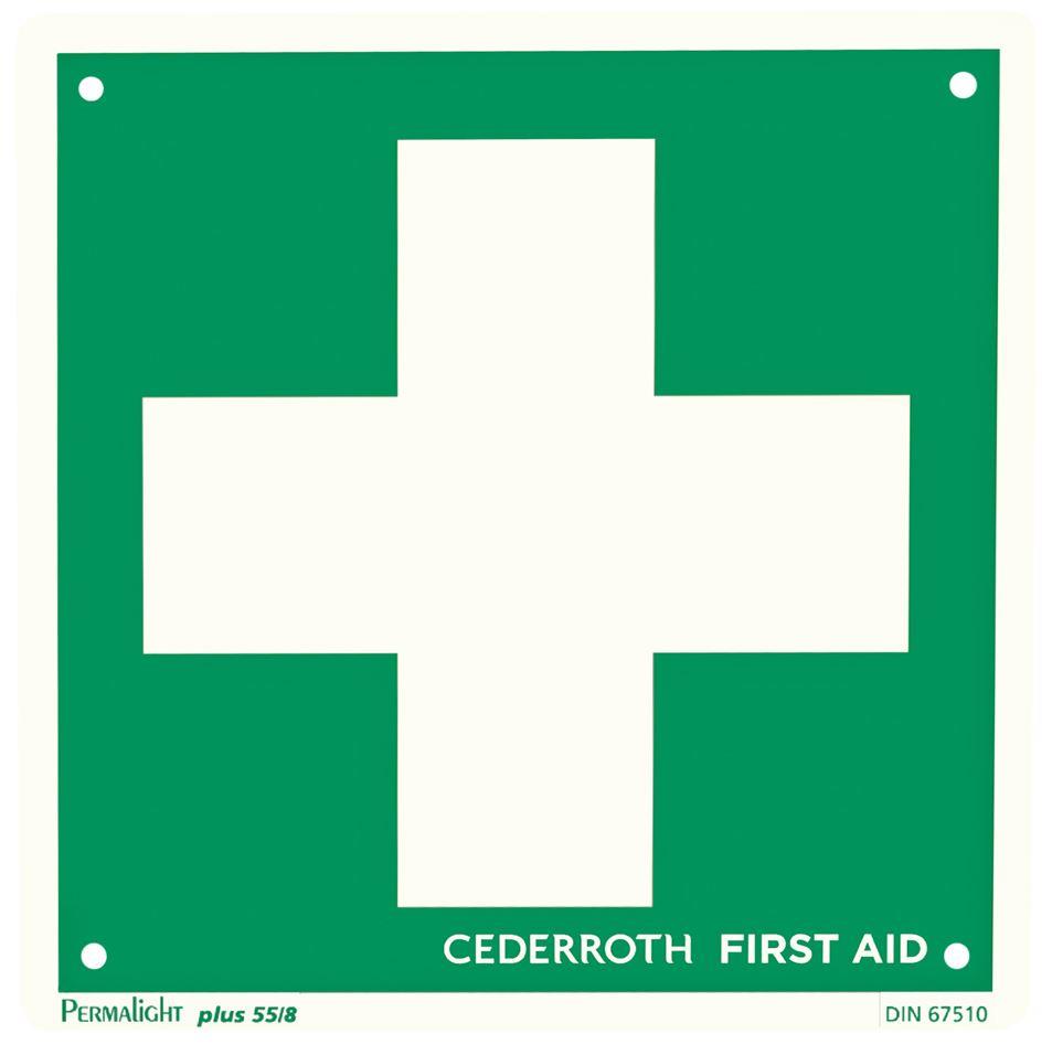 Rettungszeichen Erste-Hilfe, Fahnenschild, lang nachleuchtend, 20 x 20 cm